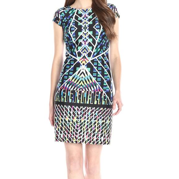Nine West Blue Women's Size 12 Cap Sleeve Mix Print Sheath Dress - Picture 1 of 5